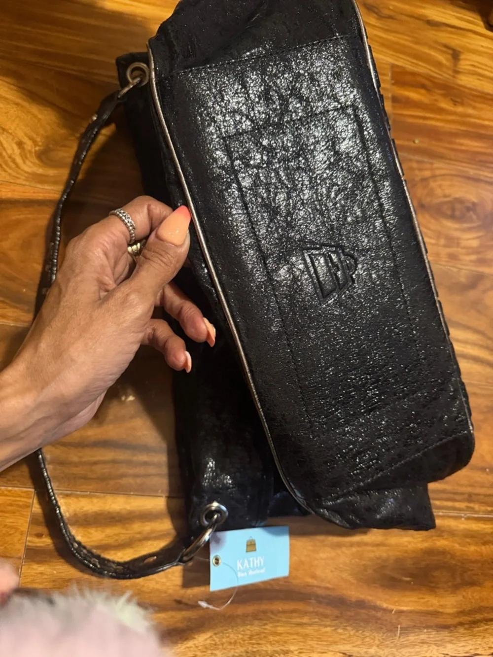 Kathy Van Zeeland Black Pleated Shoulder Bag with Silver Crest - Picture 7 of 7